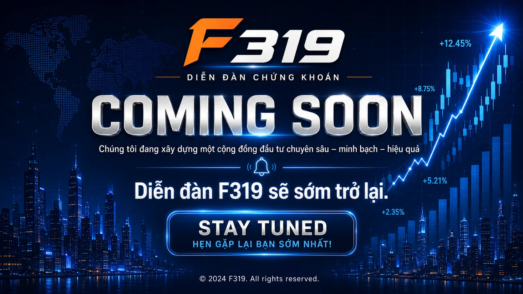 F319 Coming Soon với đồ thị chứng khoán đi lên